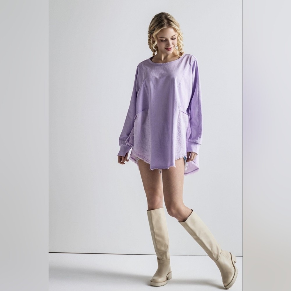 127 | Lavender Oversized Side Slit Contrast Top
